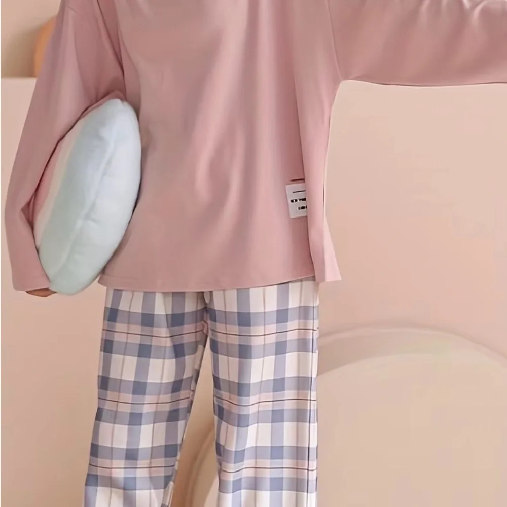 Pink Long Sleeve Top and Plaid Pants Set - Picture 3 of 3